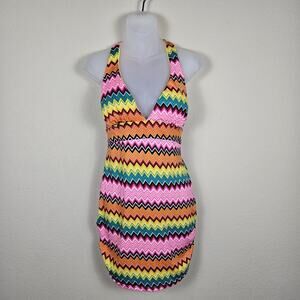 Coogi Beach Coverup Dress Womens S Chevron Colorful Y2K Mini Halter Padded Bra